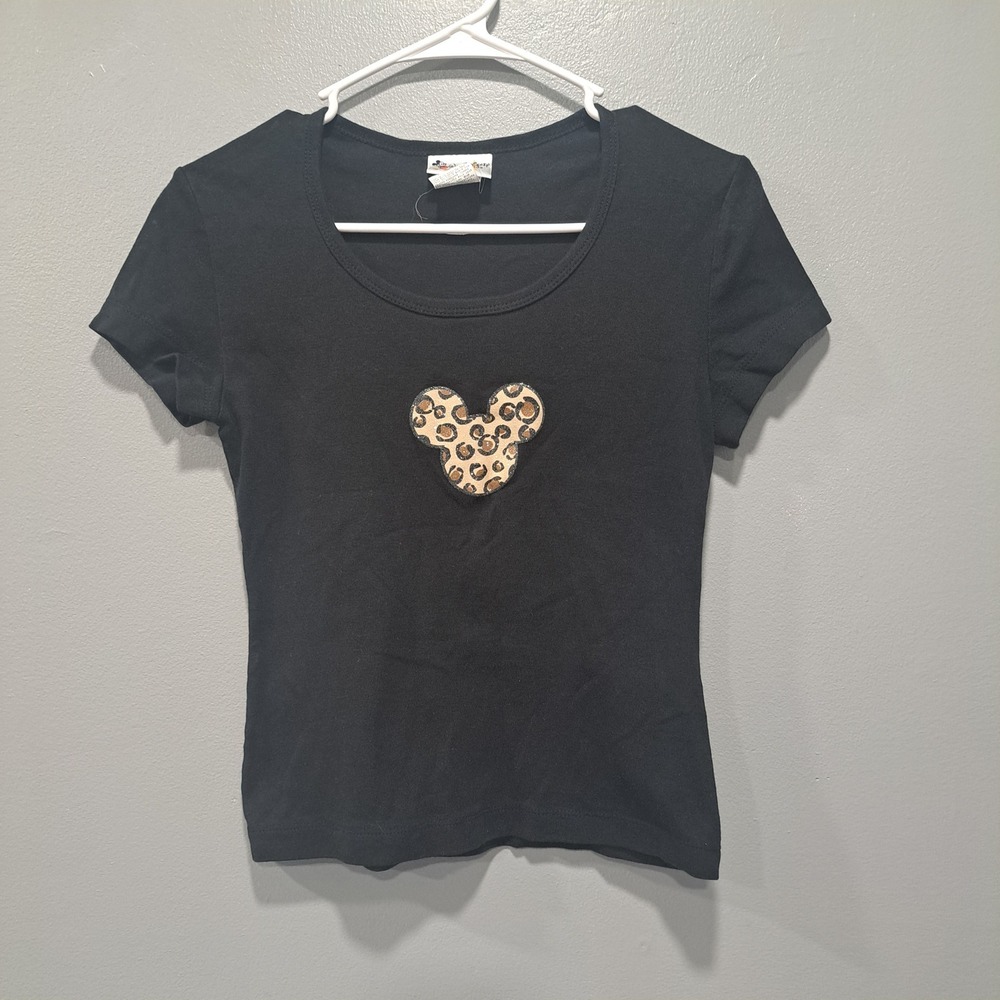 Walt Disney World Mickey Mouse Girls Leopard Print Black T-Shirt XL Disneycore